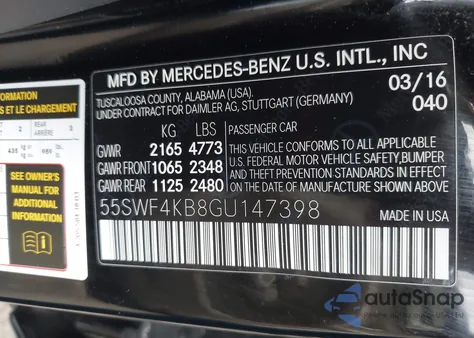 2016 Mercedes-Benz C 300 4Matic/Luxury 4Matic/Sport 4Matic из США, поврежденный, VIN 55SWF4KB8GU147398